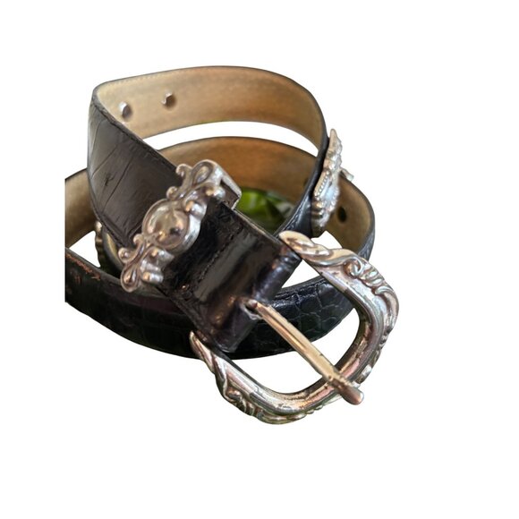 Vintage Brighton Leather Belt, Embossed Alligator Print leather, Concho Silver O - Picture 10 of 13